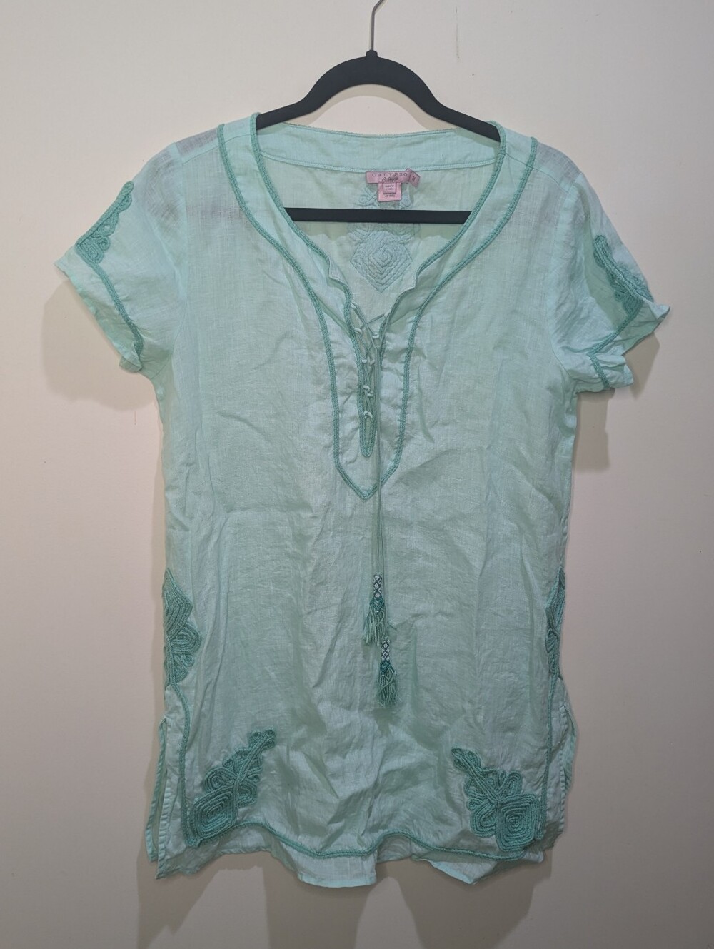 Calyps St. Barth Blue Teal 100% Linen Embroidered Tunic Top Bead Size Medium
